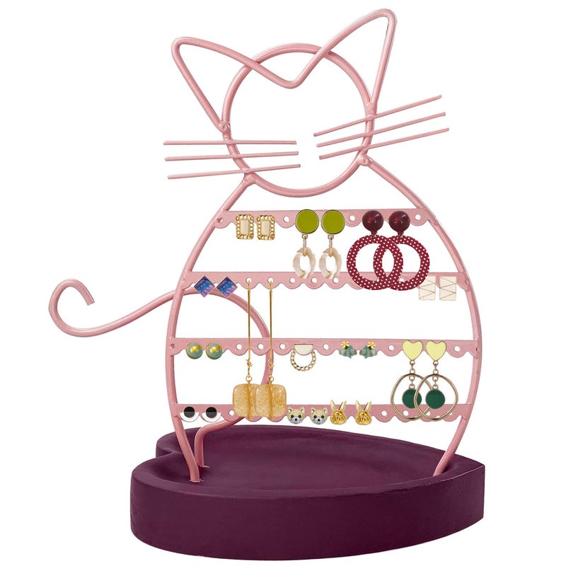 ERYTLLY Earring Holder Organizer, Cat Shaped Earring Organizer Stand With Wood Base Necklace Holder Organizer-47 Stud Earrings Holes Bracelet Holder (Pastel Pink) - Image 1